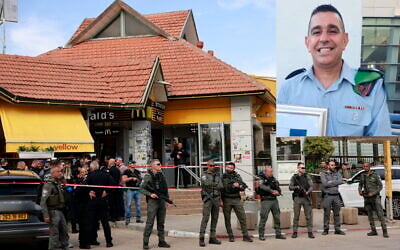 Israeli security forces stand guard in front of a cordoned off area at the site of a stabbing attack at a gas station at Beit Kama Junction in southern Israel, March 14, 2024. Inset: Chief Warrant Officer Uri Moyal, who was killed in the attack. (Menahem Kahana / AFP; Courtesy)