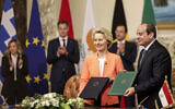This handout picture shows European Commission President Ursula von der Leyen (2nd-R) and Egypt's President Abdel-Fattah el-Sissi (R) presenting signed declarations after their summit with the leaders of Austria, Belgium, Cyprus, Greece, and Italy, in Cairo on March 17, 2024. (Stavros Ioannides / PIO / AFP)