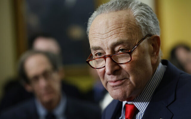 US Senate Majority Leader Chuck Schumer speaks to reporters after the weekly Senate Democrats caucus policy luncheon, at the US Capitol on March 12, 2024, in Washington. (Anna Moneymaker/Getty Images/AFP) US Senate Majority Leader Chuck Schumer speaks to reporters after the weekly Senate Democrats caucus policy luncheon, at the US Capitol on March 12, 2024, in Washington. (Anna Moneymaker/Getty Images/AFP)