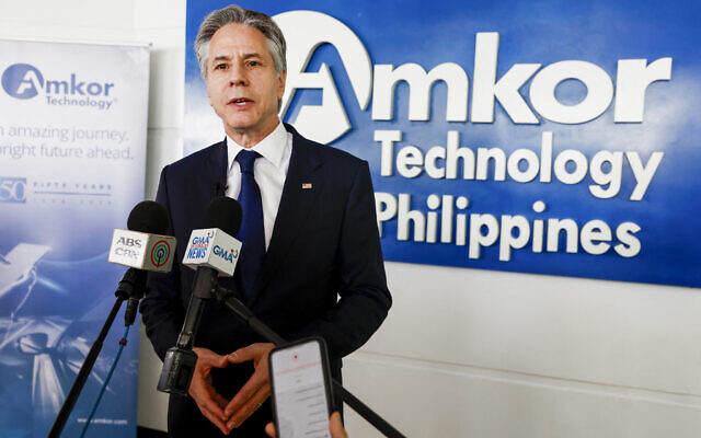 US Secretary of State Antony Blinken speaks to the media as he tours Amkor Technology in Manila on March 19, 2024. (Evelyn Hockstein/Pool/AFP) US Secretary of State Antony Blinken speaks to the media as he tours Amkor Technology in Manila on March 19, 2024. (Evelyn Hockstein/Pool/AFP)