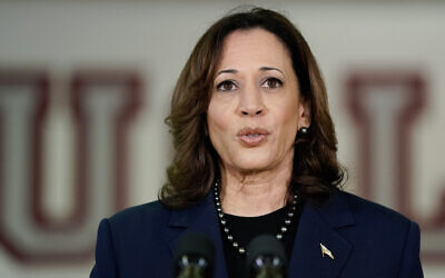 US Vice President Kamala Harris speaks to the press in Parkland, Florida, March 23, 2024. (Drew Angerer/AFP)