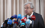 United Nations Secretary-General Antonio Guterres attends a press conference at an UNRWA school in the Al-Wehdat camp for Palestinian refugees in Amman, on March 25, 2024. (Mohammad Hannon/AFP)