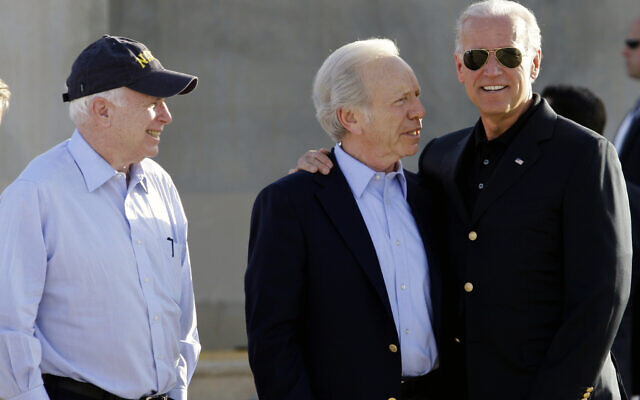 US Sen. John McCain, left, looks on as Sen. Joe Lieberman, center, and US Vice President Joe Biden, right, share a light moment after Biden's arrival in Baghdad, Iraq, Saturday, July 3, 2010. (AP Photo/Hadi Mizban) US Sen. John McCain, left, looks on as Sen. Joe Lieberman, center, and US Vice President Joe Biden, right, share a light moment after Biden's arrival in Baghdad, Iraq, Saturday, July 3, 2010. (AP Photo/Hadi Mizban)