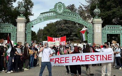 Illustrative: A pro-Palestinian, anti-Israel student protest at the University of California, Berkeley's Sather Gate October 16, 2023. (AP Photo/Michael Liedtke)