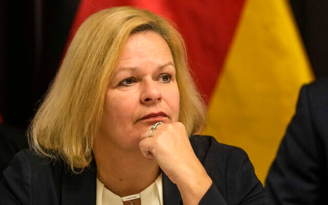 German Federal Minister of the Interior Nancy Faeser attends a press conference, after meeting of Interior Ministers of Visegrad Group (Czech Republic, Hungary, Poland, and Slovakia), Austria and Germany, in Szeged, Hungary, November 27, 2023. (Darko Vojinovic/AP) German Federal Minister of the Interior Nancy Faeser attends a press conference, after meeting of Interior Ministers of Visegrad Group (Czech Republic, Hungary, Poland, and Slovakia), Austria and Germany, in Szeged, Hungary, November 27, 2023. (Darko Vojinovic/AP)