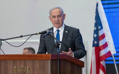 Prime Minister Benjamin Netanyahu speaks during a gathering of Jewish leaders at the Museum of Tolerance in Jerusalem, February 18, 2024. (AP Photo/Ohad Zwigenberg)