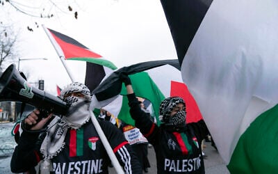 Demonstrators rally during a pro-Palestinian, anti-Israel rally outside the Israeli Embassy in Washington, March 2, 2024. (AP Photo/Jose Luis Magana)