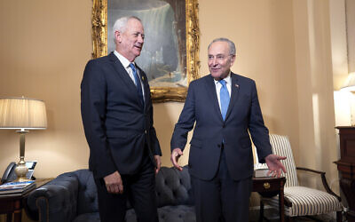 Benny Gantz, left, a key member of Israel's War Cabinet is welcomed by Senate Majority Leader Chuck Schumer, for a private meeting at the Capitol in Washington, March 5, 2024. (AP Photo/J. Scott Applewhite) Benny Gantz, left, a key member of Israel's War Cabinet is welcomed by Senate Majority Leader Chuck Schumer, for a private meeting at the Capitol in Washington, March 5, 2024. (AP Photo/J. Scott Applewhite)