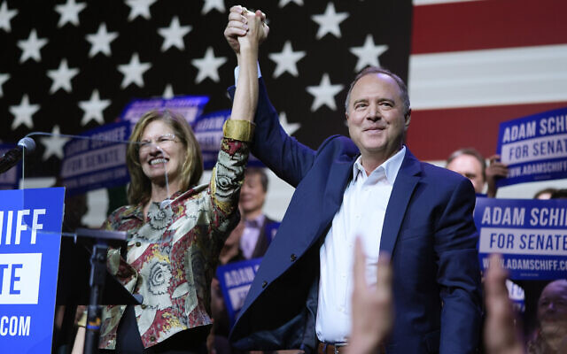 US Rep. Adam Schiff holds hands with his wife Eve at an election night party, March 5, 2024, in Los Angeles. (AP Photo/Jae C. Hong) US Rep. Adam Schiff holds hands with his wife Eve at an election night party, March 5, 2024, in Los Angeles. (AP Photo/Jae C. Hong)
