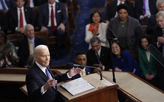 US President Joe Biden delivers his State of the Union address to a joint session of Congress, at the Capitol in Washington, Thursday, March 7, 2024. (AP Photo/J. Scott Applewhite) US President Joe Biden delivers his State of the Union address to a joint session of Congress, at the Capitol in Washington, Thursday, March 7, 2024. (AP Photo/J. Scott Applewhite)