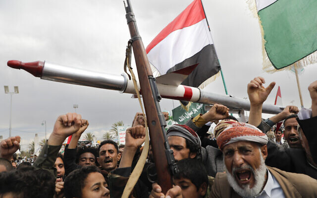 Houthi supporters attend a rally against the US airstrikes on Yemen and the Israeli offensive against Hamas in Gaza Strip, in Sanaa, Yemen, Friday, March 8, 2024. (AP Photo/Osamah Abdulrahman) Houthi supporters attend a rally against the US airstrikes on Yemen and the Israeli offensive against Hamas in Gaza Strip, in Sanaa, Yemen, Friday, March 8, 2024. (AP Photo/Osamah Abdulrahman)