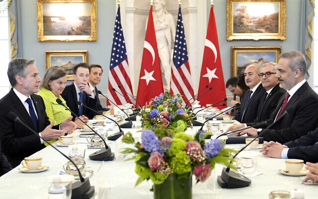 US Secretary of State Antony Blinken, left, speaks during a meeting with Turkish Foreign Minister Hakan Fidan, right, at the State Department in Washington, Friday, March 8, 2024. (AP Photo/Susan Walsh)