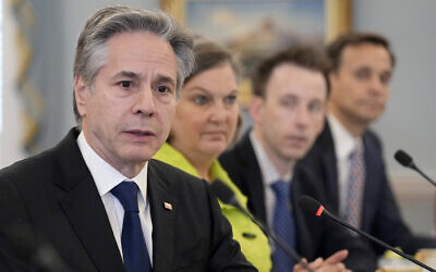 US Secretary of State Antony Blinken, left, speaks during his meeting with Turkish Foreign Minister Hakan Fidan, not pictured, at the State Department in Washington, March 8, 2024. (AP Photo/Susan Walsh)