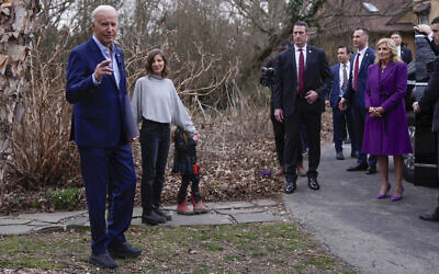 US President Joe Biden talks with reporters, March 8, 2024, in Rose Valley, Pennsylvania. (AP Photo/Manuel Balce Ceneta)