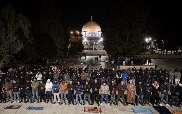 Muslim worshippers next to the Dome of Rock in the Temple Mount compound in the Old City of Jerusalem, March 10, 2024. (Mahmoud Illean/AP) Muslim worshippers next to the Dome of Rock in the Temple Mount compound in the Old City of Jerusalem, March 10, 2024. (Mahmoud Illean/AP)