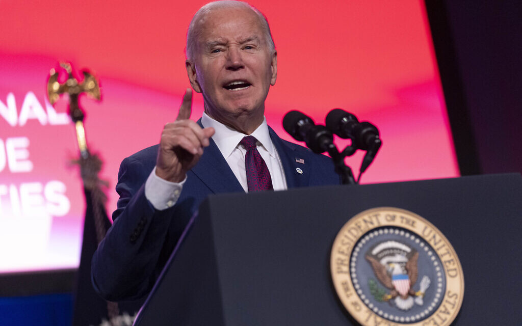 US President Joe Biden speaks at the National League of Cities at the Marriott Marquis, March 11, 2024, in Washington. (AP/ Andrew Harnik)