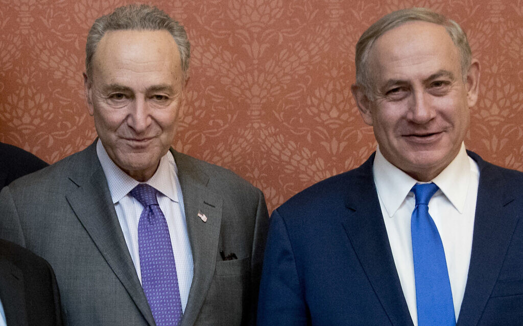 File: Prime Minister Benjamin Netanyahu, right, poses for a picture with then Senate Minority Leader Chuck Schumer of New York, on Capitol Hill in Washington, Feb. 15, 2017. (AP Photo/Manuel Balce Ceneta, File) File: Prime Minister Benjamin Netanyahu, right, poses for a picture with then Senate Minority Leader Chuck Schumer of New York, on Capitol Hill in Washington, Feb. 15, 2017. (AP Photo/Manuel Balce Ceneta, File)