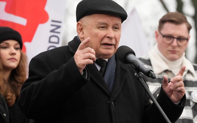Jaroslaw Kaczynski, the head of the opposition conservative party Law and Justice, speaks to a crowd protesting against the new government of Prime Minister Donald Tusk, in Warsaw, Poland, on Feb. 10, 2024. (AP Photo/Czarek Sokolowski, File)