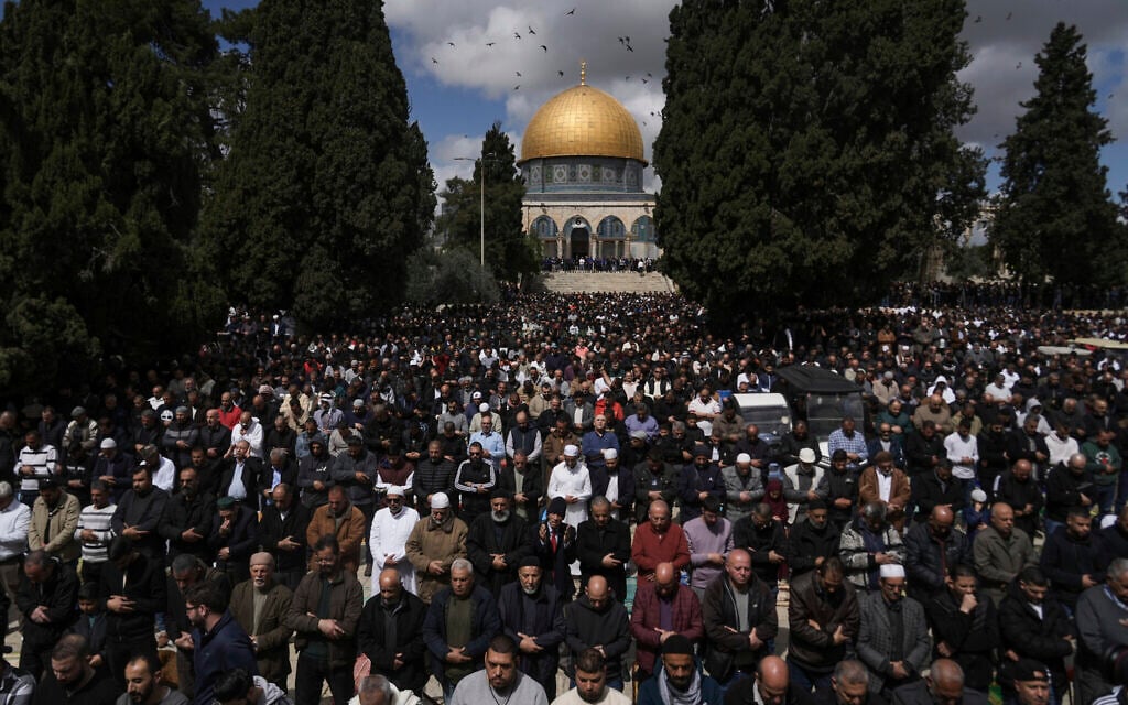 Muslim worshippers perform Friday prayers at the Al-Aqsa Mosque on the Temple Mount in the Old City of Jerusalem during the Muslim holy month of Ramadan on Friday, March 15, 2024. (AP Photo/Mahmoud Illean)