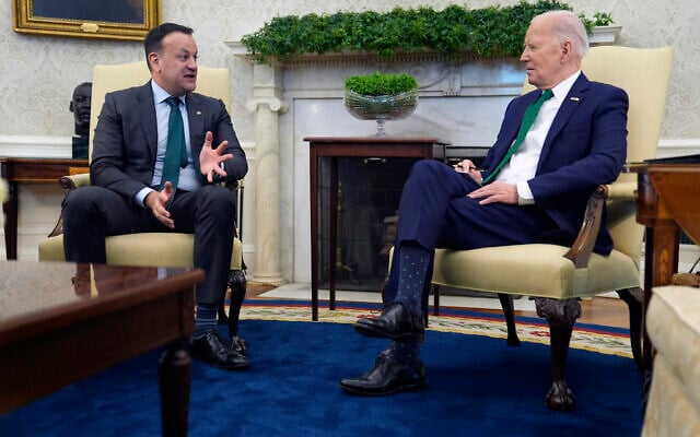 US President Joe Biden meets with Irish Prime Minister Leo Varadkar in the Oval Office of the White House, Friday, March 15, 2024 in Washington. (AP Photo/Evan Vucci) US President Joe Biden meets with Irish Prime Minister Leo Varadkar in the Oval Office of the White House, Friday, March 15, 2024 in Washington. (AP Photo/Evan Vucci)