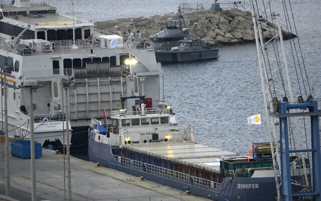 Illustrative: The second vessel, left, with food aid from aid group World Central Kitchen prepares to depart for Gaza, at Larnaca port, Cyprus, March 16, 2024. (AP/Petros Karadjias) Illustrative: The second vessel, left, with food aid from aid group World Central Kitchen prepares to depart for Gaza, at Larnaca port, Cyprus, March 16, 2024. (AP/Petros Karadjias)