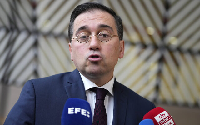 Spain's Foreign Minister Jose Manuel Albares Bueno speaks with the media as he arrives for a meeting of EU foreign ministers at the European Council building in Brussels, March 18, 2024. (AP Photo/ Virginia Mayo) Spain's Foreign Minister Jose Manuel Albares Bueno speaks with the media as he arrives for a meeting of EU foreign ministers at the European Council building in Brussels, March 18, 2024. (AP Photo/ Virginia Mayo)