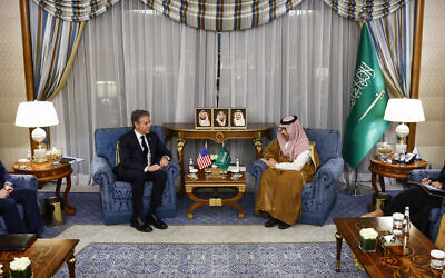 US Secretary of State Antony Blinken meets Saudi Arabia's Foreign Minister Prince Faisal bin Farhan Al-Saud in Jeddah, Saudi Arabia, Wednesday, March 20, 2024. (Evelyn Hockstein/Pool Photo via AP)