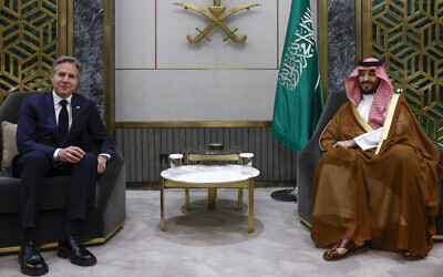 US Secretary of State Antony Blinken, left, meets Saudi Crown Prince Mohammed bin Salman in Jeddah, Saudi Arabia, March 20, 2024. (Evelyn Hockstein/Pool Photo via AP)