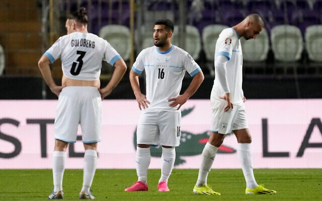 Israel players react at the end of the Euro 2024 qualifying play-off soccer match between Israel and Iceland, at Szusza Ferenc Stadium in Budapest, Hungary, Thursday, March 21, 2024. (AP Photo/Darko Vojinovic) Israel players react at the end of the Euro 2024 qualifying play-off soccer match between Israel and Iceland, at Szusza Ferenc Stadium in Budapest, Hungary, Thursday, March 21, 2024. (AP Photo/Darko Vojinovic)