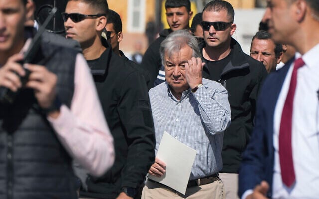 File - United Nations Secretary General Antonio Guterres, center, visits the Rafah border crossing between Egypt and the Gaza Strip, Saturday, March 23, 2024. (AP Photo/Amr Nabil) File - United Nations Secretary General Antonio Guterres, center, visits the Rafah border crossing between Egypt and the Gaza Strip, Saturday, March 23, 2024. (AP Photo/Amr Nabil)