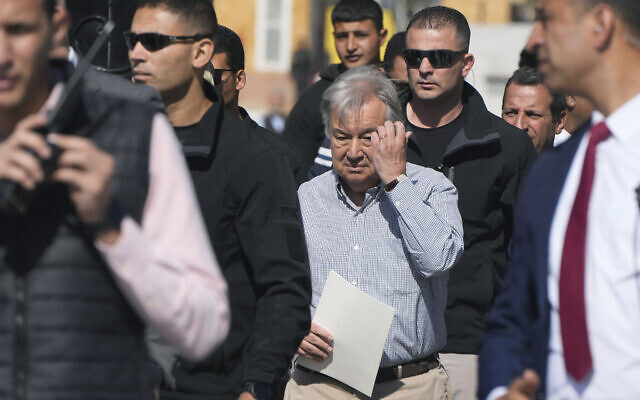 United Nations Secretary General Antonio Guterres, center, visits the Rafah border crossing between Egypt and the Gaza Strip, March 23, 2024. (AP Photo/Amr Nabil) United Nations Secretary General Antonio Guterres, center, visits the Rafah border crossing between Egypt and the Gaza Strip, March 23, 2024. (AP Photo/Amr Nabil)