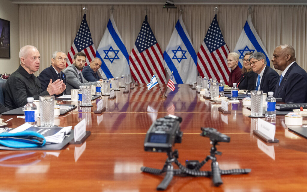 Defense Minister Yoav Gallant, at far left, speaks while meeting with US Defense Secretary Lloyd Austin, across table at far right, at the Pentagon, Tuesday, March 26, 2024, in Washington. (AP Photo/Jacquelyn Martin) Defense Minister Yoav Gallant, at far left, speaks while meeting with US Defense Secretary Lloyd Austin, across table at far right, at the Pentagon, Tuesday, March 26, 2024, in Washington. (AP Photo/Jacquelyn Martin)