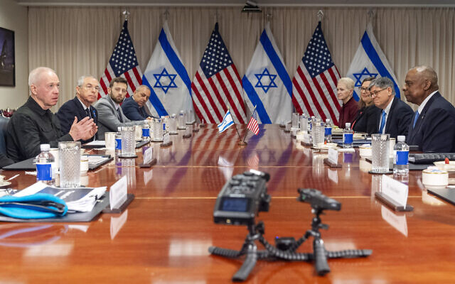 Defense Minister Yoav Gallant, at far left, speaks while meeting with US Defense Secretary Lloyd Austin, across table at far right, at the Pentagon, Tuesday, March 26, 2024, in Washington. (AP Photo/Jacquelyn Martin) Defense Minister Yoav Gallant, at far left, speaks while meeting with US Defense Secretary Lloyd Austin, across table at far right, at the Pentagon, Tuesday, March 26, 2024, in Washington. (AP Photo/Jacquelyn Martin)