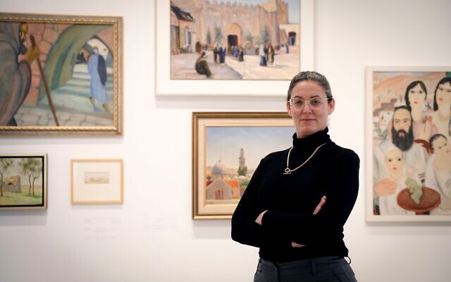 Curator Tal Kobo at the Tower of David Museum's new exhibit, 'Spirit of the Stone,' which opened March 7, 2024 (Courtesy Ricky Rachman)