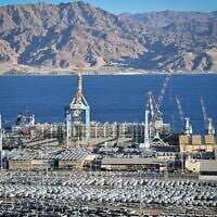 New imported cars are seen at a parking lot in the Eilat port, Israel, on January 3, 2024. (Yehuda Ben Itach/Flash90)