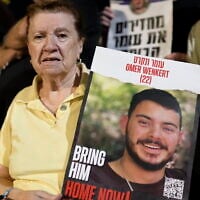 Tzili Wenkert, a Holocaust survivor and the grandmother of Omer Wenkert who is held hostage by Hamas terrorists in Gaza, attends an event at 'Hostages Square' in Tel Aviv on October 28, 2023 (Gili Yaari /FLASH90)