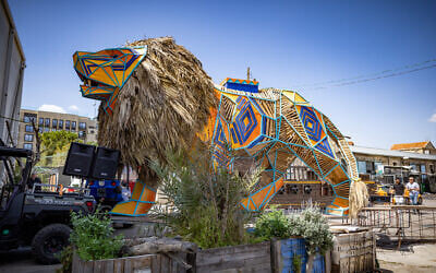Artists prepare installations for Jerusalem's 'Adloyada' Purim parade, March 21, 2024. (Yonatan Sindel/Flash90)