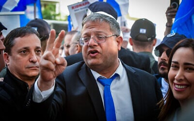 File - National Security Minister Itamar Ben Gvir arrives at a voting station in Tel Aviv, during the municipal elections, February 27, 2024. (Avshalom Sassoni/Flash90)