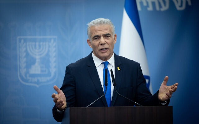 Opposition Leader Yair Lapid leads a Yesh Atid faction meeting at the Knesset on March 4, 2024 (Yonatan Sindel/Flash90) Opposition Leader Yair Lapid leads a Yesh Atid faction meeting at the Knesset on March 4, 2024 (Yonatan Sindel/Flash90)