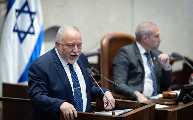 MK Avigdor Liberman speaks during a plenum session at the assembly hall of the Knesset in Jerusalem, March 6, 2024. (Yonatan Sindel/Flash90)