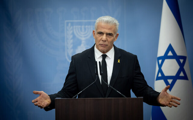 Opposition Leader Yair Lapid at a faction meeting in the Knesset on March 11, 2024. (Yonatan Sindel/Flash90) Opposition Leader Yair Lapid at a faction meeting in the Knesset on March 11, 2024. (Yonatan Sindel/Flash90)