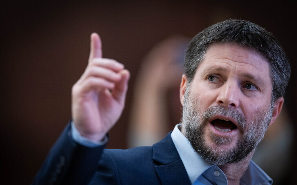 Finance Bezalel Smotrich holds a press conference at the Knesset, Jerusalem, March 13, 2024. (Yonatan Sindel/Flash90)
