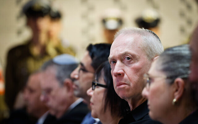Defense Minister Yoav Gallant at a memorial ceremony for Israel's fallen soldiers whose final resting place is unknown, at Mount Herzl Military cemetery in Jerusalem on March 17, 2024 (Chaim Goldberg/Flash90)