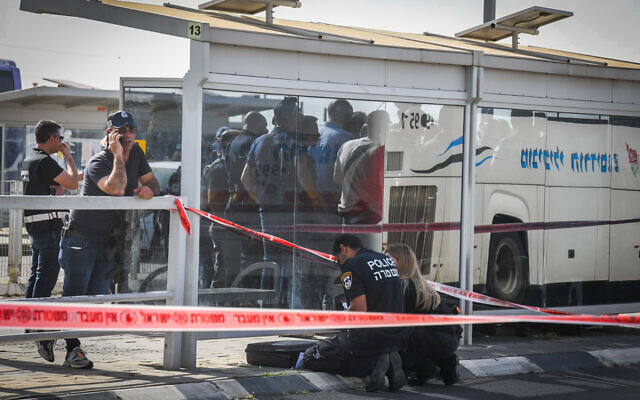 The scene of a terror attack at the Beersheba Central Bus Station, March 31, 2024 (Dudu Greenspan/Flash90) The scene of a terror attack at the Beersheba Central Bus Station, March 31, 2024 (Dudu Greenspan/Flash90)