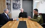 This handout photo shows Prime Minister Benjamin Netanyahu (L) Defense Minister Yoav Gallant (C) and IDF Chief of Staff Herzi Halevi meeting at the 'Bahad 1' military base in southern Israel, March 7, 2024. (Ariel Hermoni/Defense Ministry)
