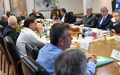 Prime Minister Benjamin Netanyahu convenes a meeting of the security cabinet in Tel Aviv on March 15, 2024. (Kobi Gideon/GPO)