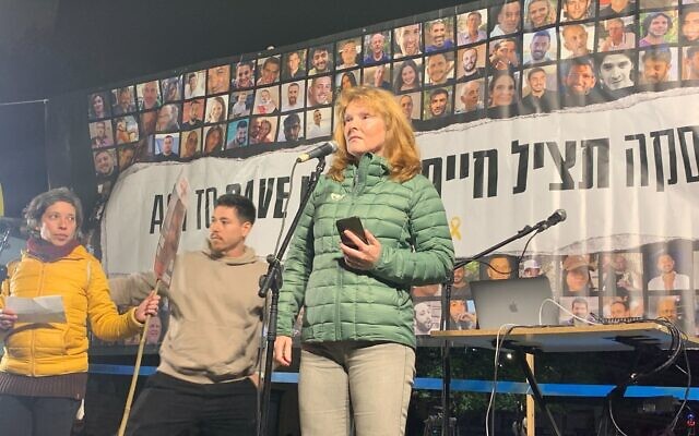 Evgenia Kozlov, mother of Andrey Kozlov, one of the hostages in Hamas captivity, speaks to hostages rally on March 16, 2024. (Charlie Summers/Times of Israel)
