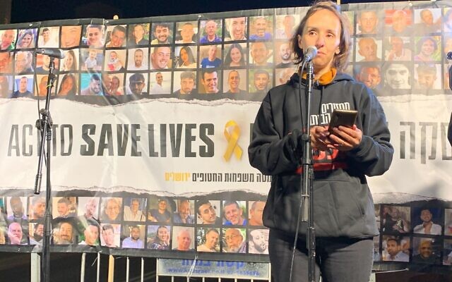 Hostages and Missing Families Forum activist Tom Barkai at a protest for a hostage deal in Jerusalem on March 23, 2024. (Charlie Summers/The Times of Israel)