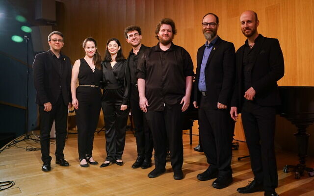 David Sasso, second from right, and musicians at the premiere of “Zakhor: A Requiem for October 7,” at the ANU Museum in Tel Aviv, on March 21, 2024. (Yoav Shapiro/courtesy)