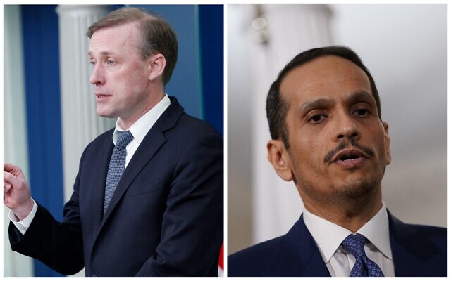 US National Security Adviser Jake Sullivan (L) and Qatari Prime Minister and Minister of Foreign Affairs Sheikh Mohammed bin Abdulrahman bin Jassim al-Thani. (Collage/AFP) US National Security Adviser Jake Sullivan (L) and Qatari Prime Minister and Minister of Foreign Affairs Sheikh Mohammed bin Abdulrahman bin Jassim al-Thani. (Collage/AFP)